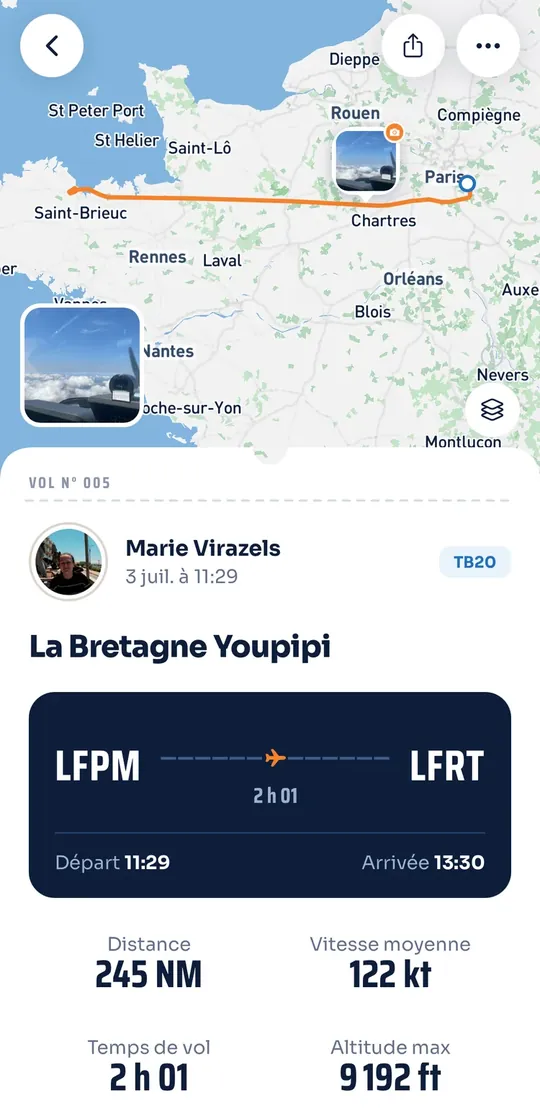 Le détail d'un vol de Paris à Saint-Brieuc, avec son tracé et ses photos