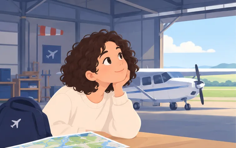 Une jeune pilote aux cheveux frisés, accoudée dans un hangar, rêve en regardant un avion sur le tarmac