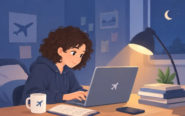 La même pilote, de nuit, code sur son ordinateur à la lumière d'une lampe