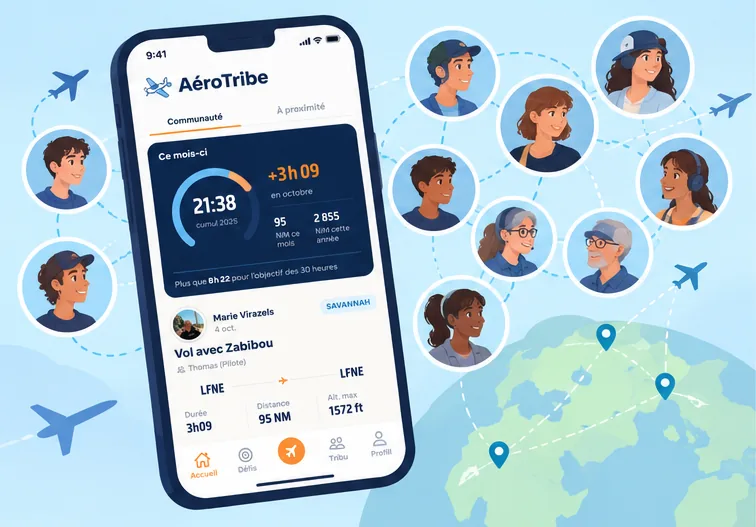 Le fil d'AéroTribe sur un téléphone, entouré de pilotes reliés entre eux